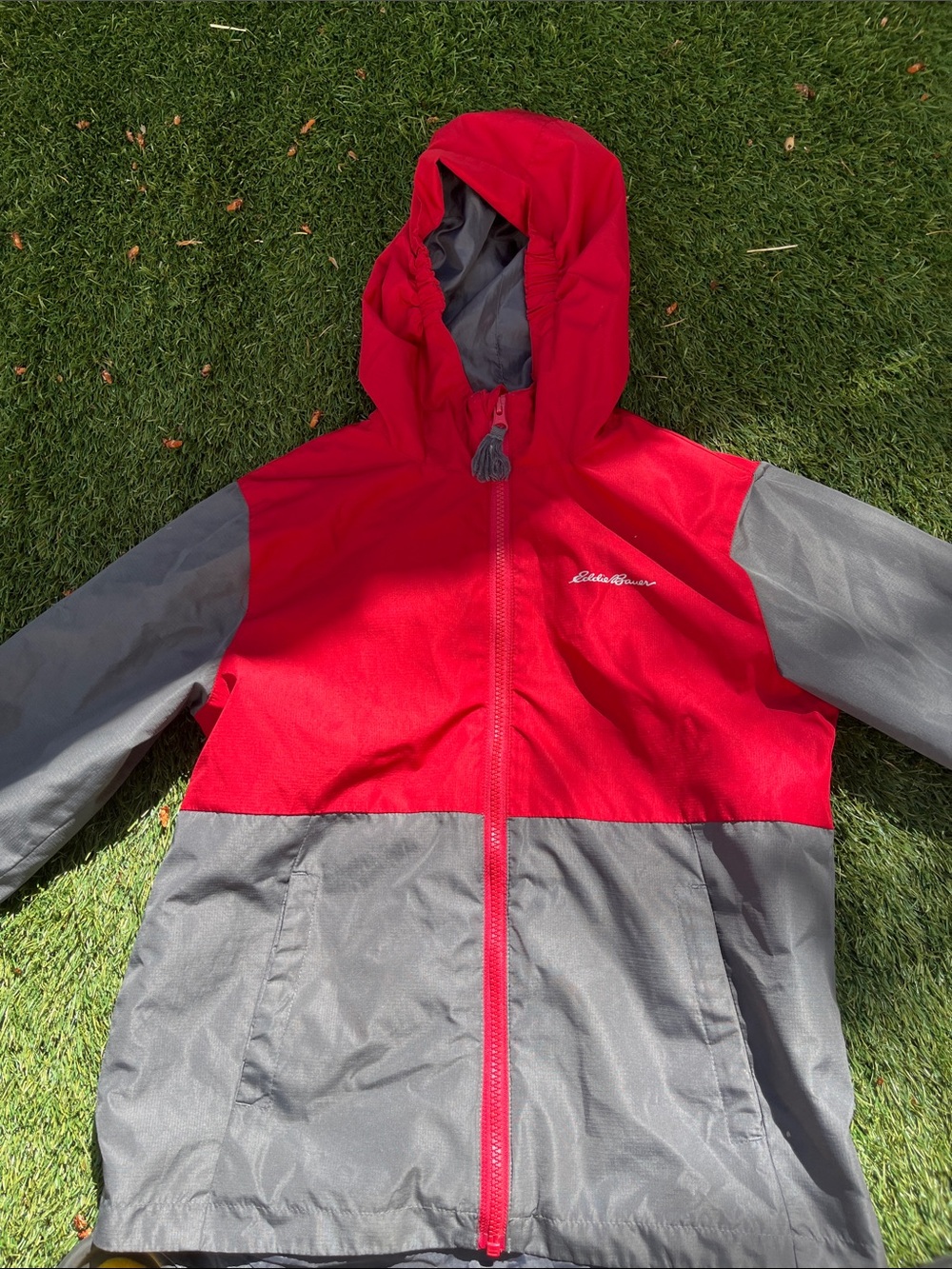 Eddie Bauer Red and Gray Kids Hooded Rain Jacket